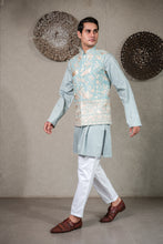 Load image into Gallery viewer, BLUE KURTA SET WITH AQUA BLUE GARA GLAZED JACKET