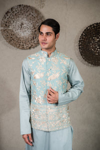 BLUE KURTA SET WITH AQUA BLUE GARA GLAZED JACKET