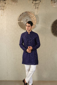 MIRROR EMBROIDERY KURTA WITH PANT - BLUE AND WHITE