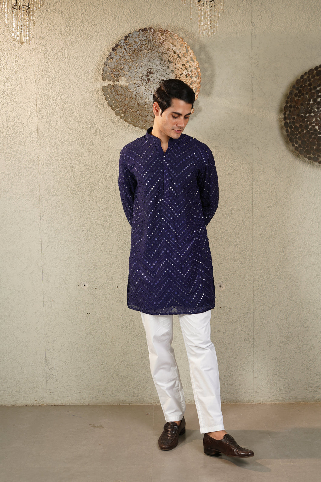 MIRROR EMBROIDERY KURTA WITH PANT - BLUE AND WHITE