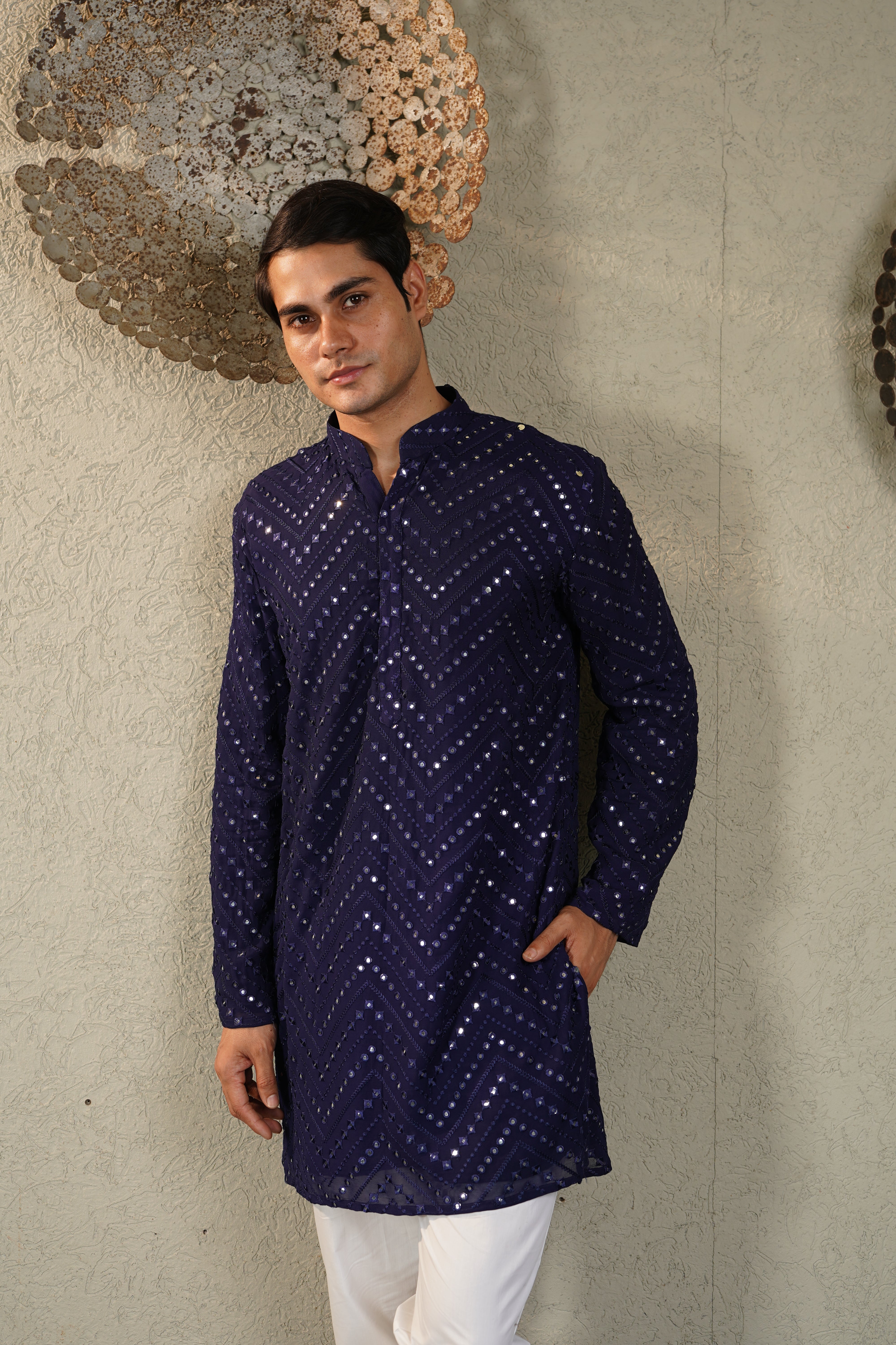 MIRROR EMBROIDERY KURTA WITH PANT - BLUE AND WHITE