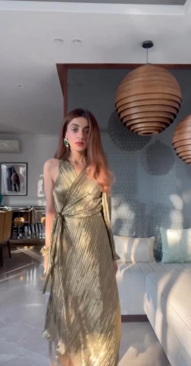 Mehak Jain in our Swish Metallic Wrap Around Dress - Gold