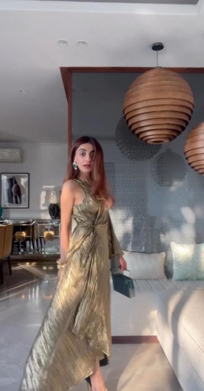Mehak Jain in our Swish Metallic Wrap Around Dress - Gold