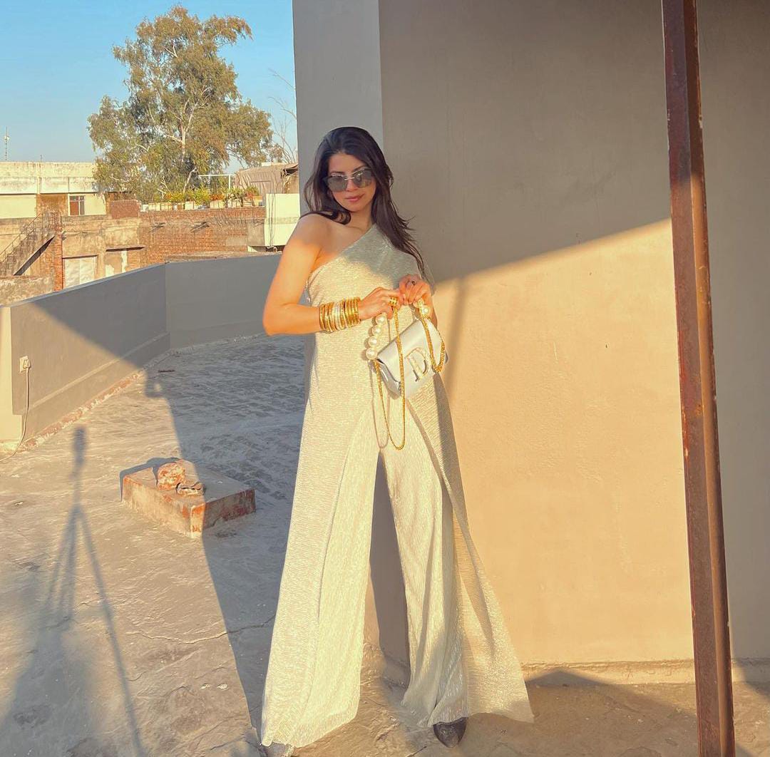 Dhriti Mehra in our Sasha Shimmer Jumpsuit - Ivory