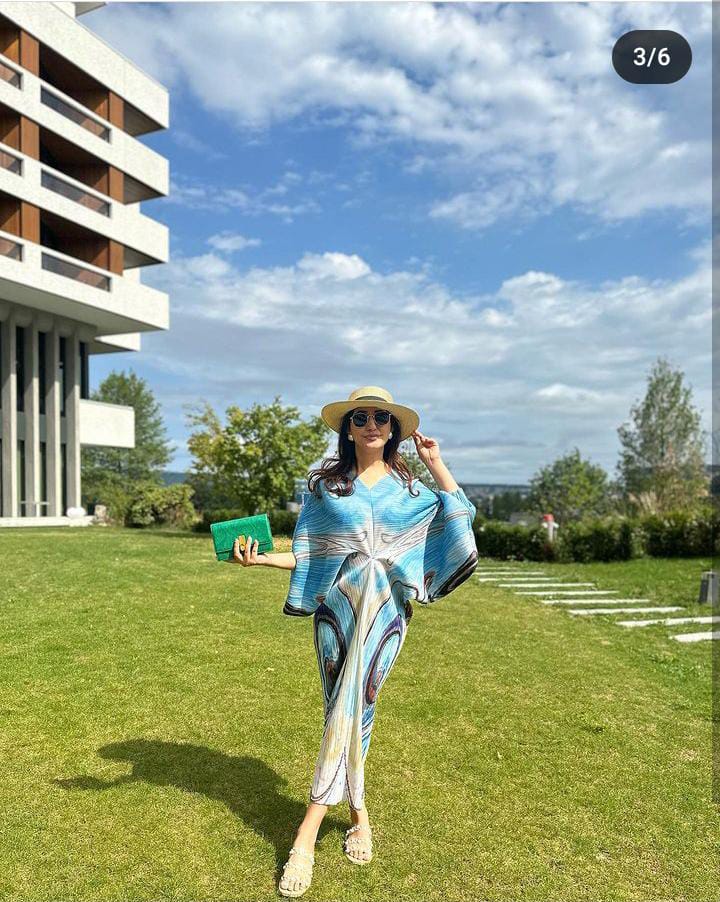 Tripti Bisht Gulati in our Kimono Kitsch Abstract Printed Dress - Blue