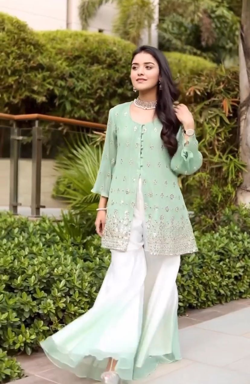 SHIVANI GIRDHAR in our Dainty Diana Embellished Long Tunic with Ombre Organza Sharara and Embroidered Dupatta - Mint Green