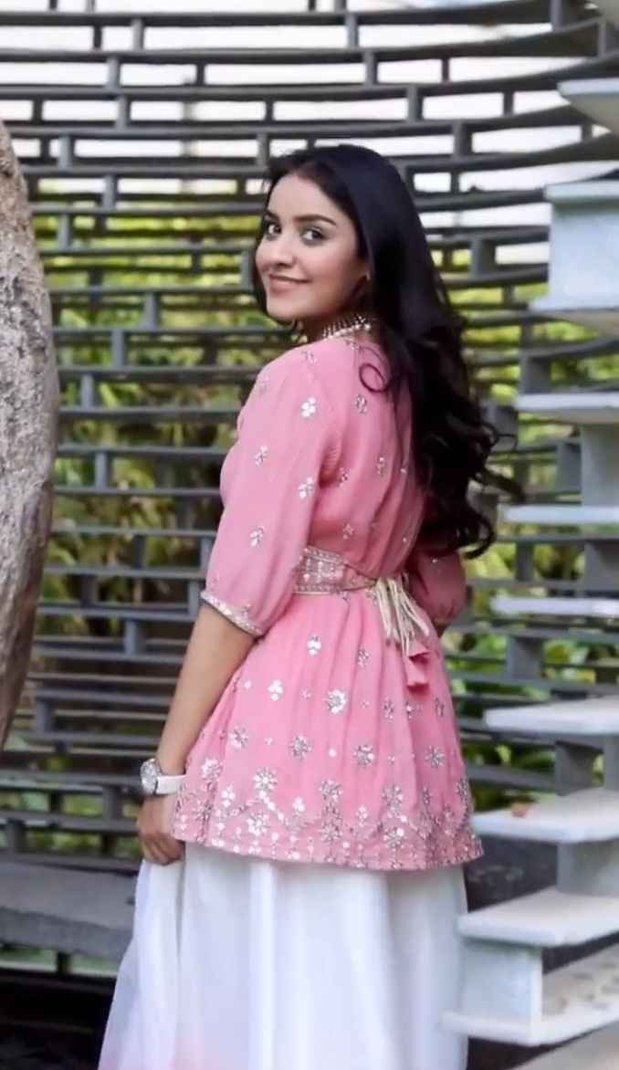 SHIVANI GIRDHAR in our ISABELLA PLEATED PEPLUM TOP WITH OMBRE ORGANZA SHARARA AND BELT - BLUSH PINK