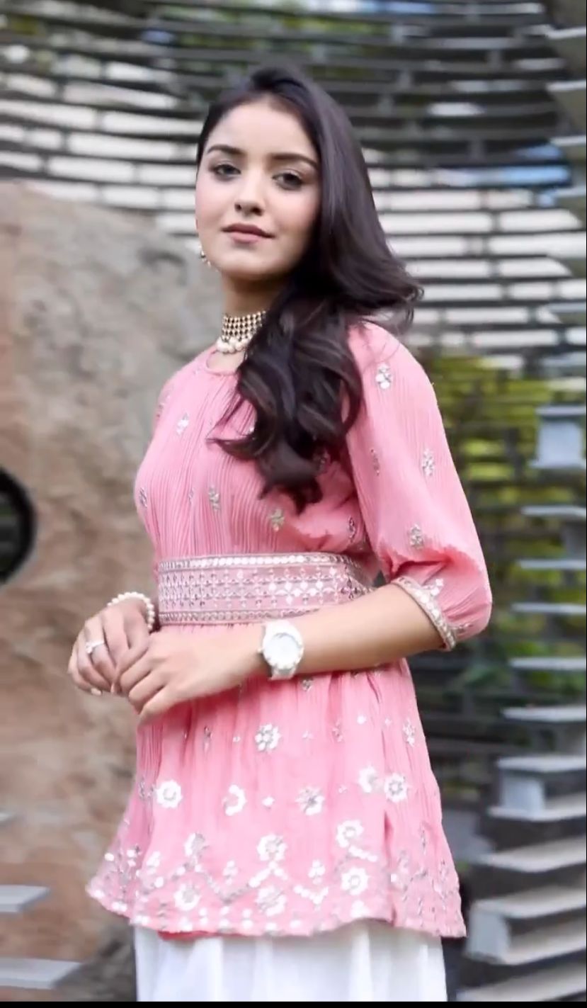 SHIVANI GIRDHAR in our ISABELLA PLEATED PEPLUM TOP WITH OMBRE ORGANZA SHARARA AND BELT - BLUSH PINK