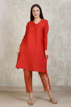 Load image into Gallery viewer, Elegant Pleated &amp; Brocade Tunic Set- Vermillon Red