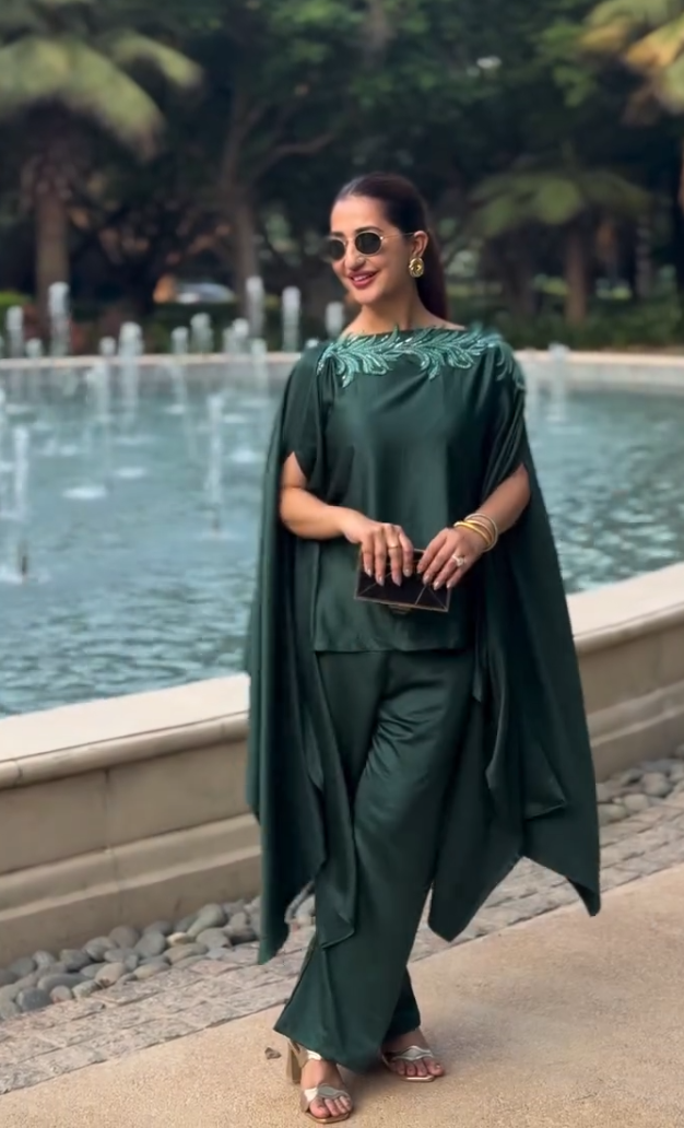 Tripti Gulati in Divine Sequins Embroidered Cape Co-ordinated with Pants - Emerald Green