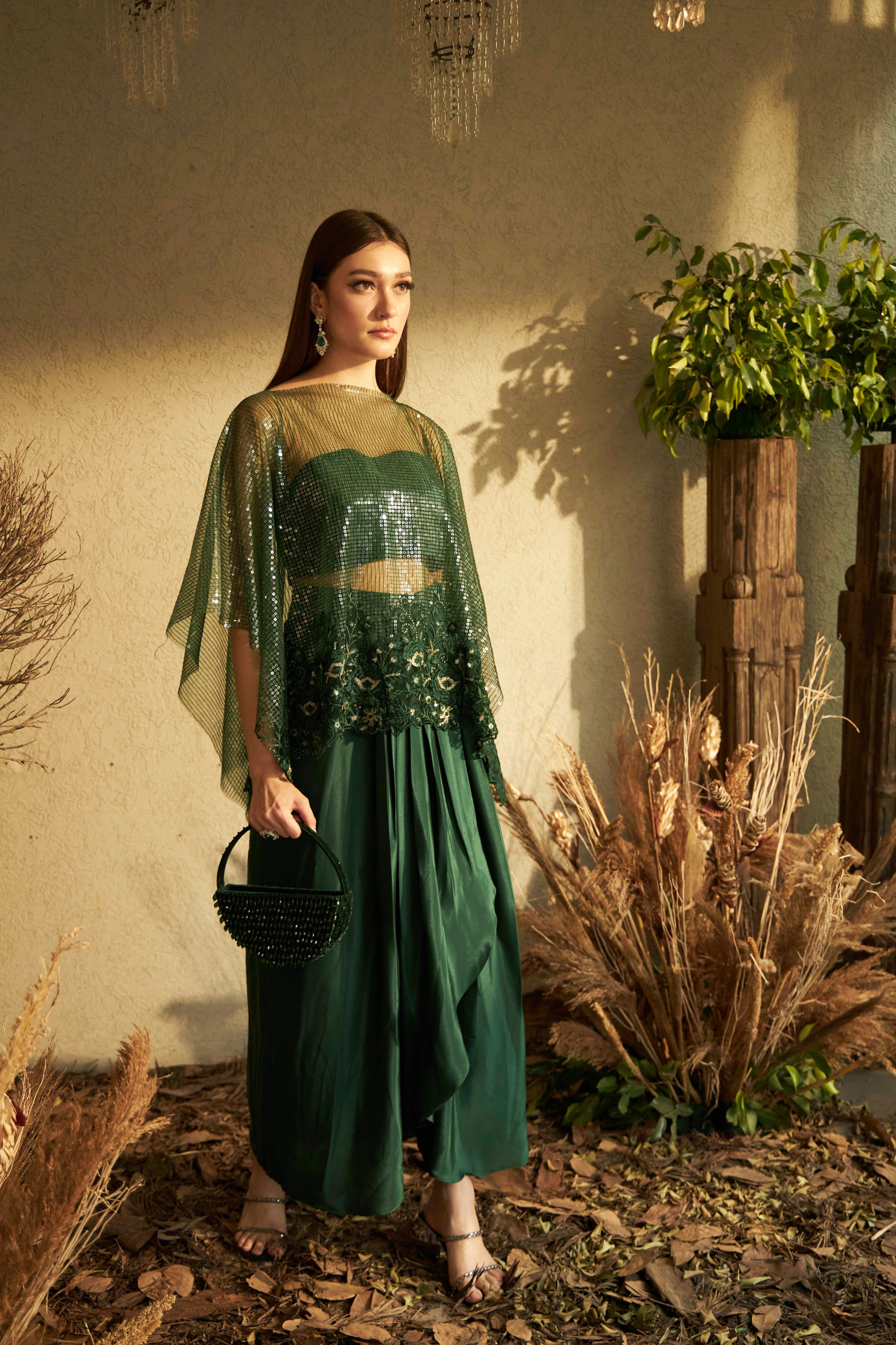 Sarah Sequins Cape with Organza Dhoti Skirt- Green