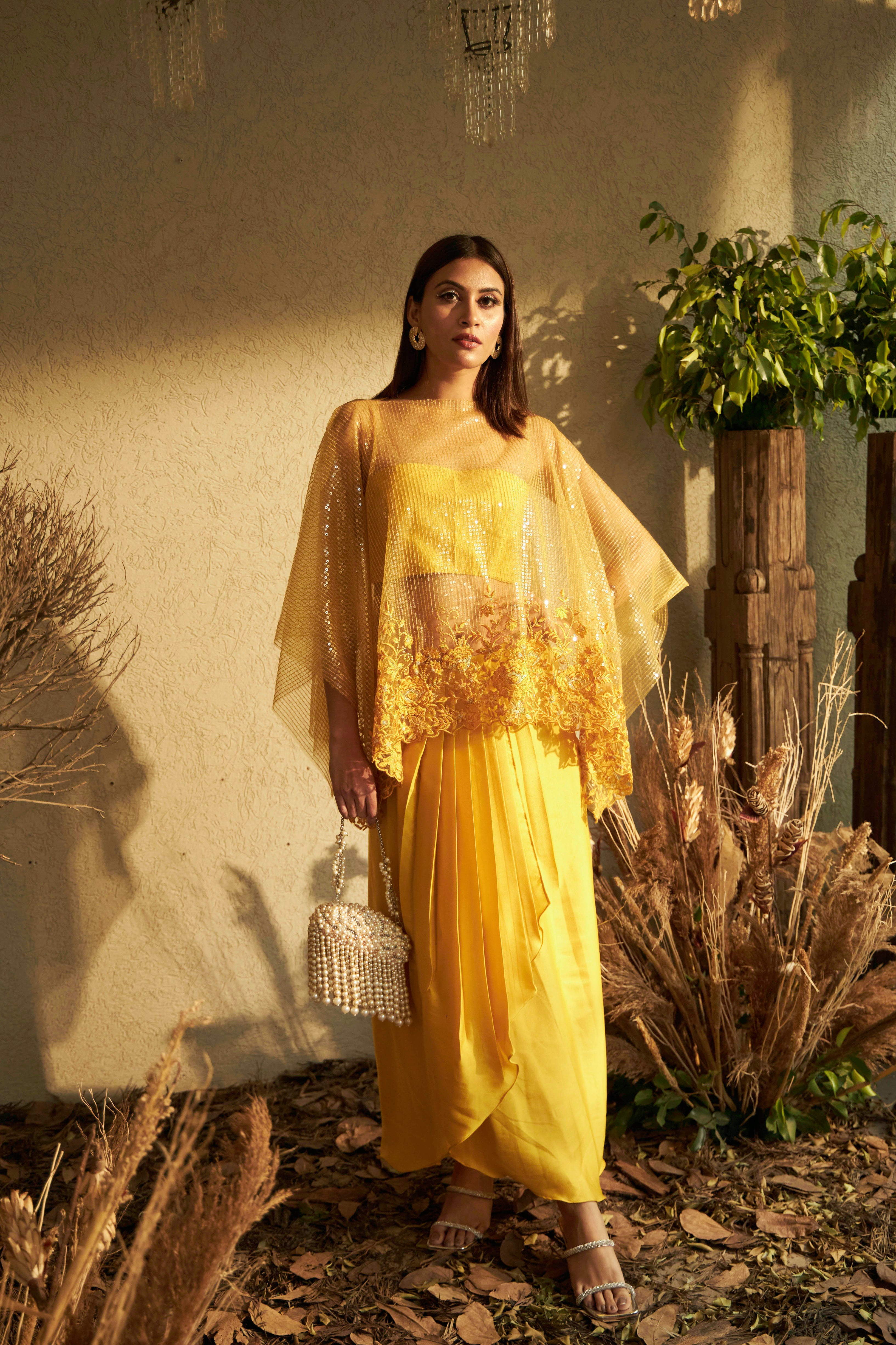 Sarah Sequins Cape with Organza Dhoti Skirt- Yellow