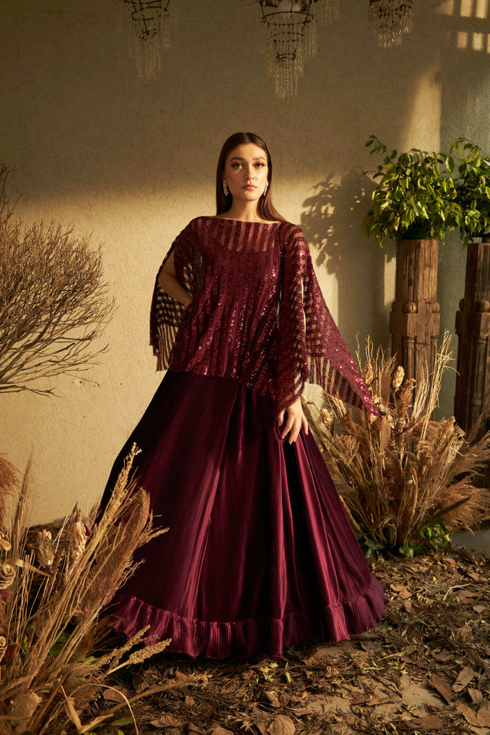 Enchanted Pleated Ghagra with Shimmer Sequence Cape - Maroon