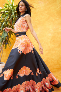 Digital Printed Ghagra with Embellished Blouse - Orange Black