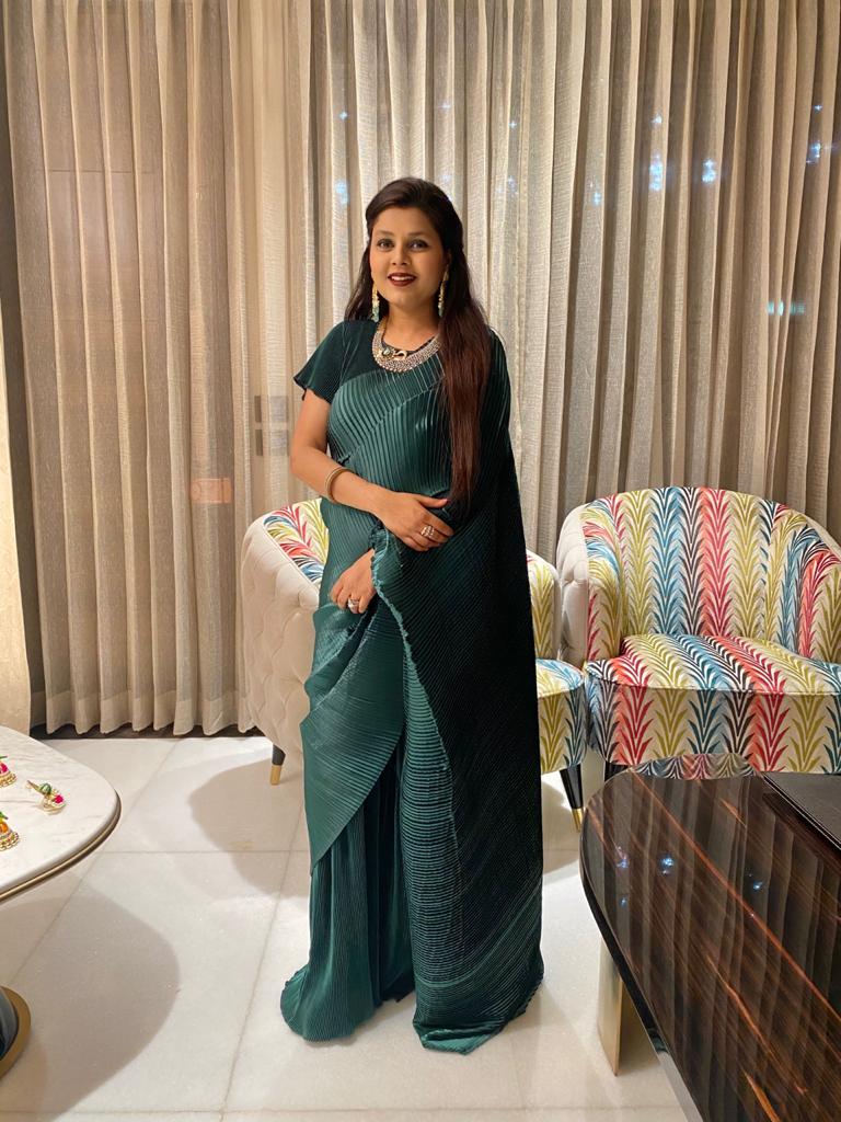 Classy Pleated Gown Saree - Emerald Green