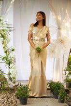 Load image into Gallery viewer, Magnificent Metallic Gown Saree with Drop Sleeves and Lace Belt - Metallic Nude