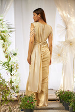 Load image into Gallery viewer, Magnificent Metallic Gown Saree with Drop Sleeves and Lace Belt - Metallic Nude