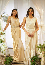 Load image into Gallery viewer, Magnificent Metallic Tiered Gown Saree - Metallic Ivory