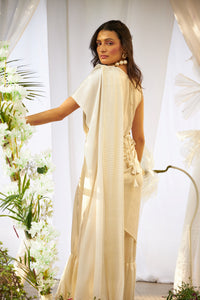 Magnificent Metallic Tiered Gown Saree - Metallic Ivory