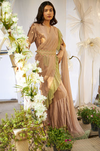 Magnificent Metallic Gown Saree with Ruffle Palla and Lace Belt - Pink Green