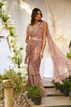 Load image into Gallery viewer, Magnificent Metallic Gown Saree with Floral Ruffle Palla and Sequins Belt- Blush