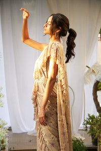 Magnificent Metallic Gown Saree with Floral Ruffle Palla and Sequins Belt- Gold