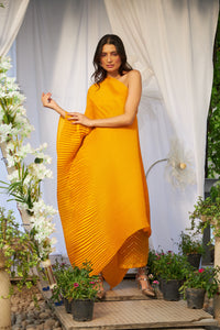 Ayvah Off-Shoulder Cape with Straight Mirror Pants - Mustard