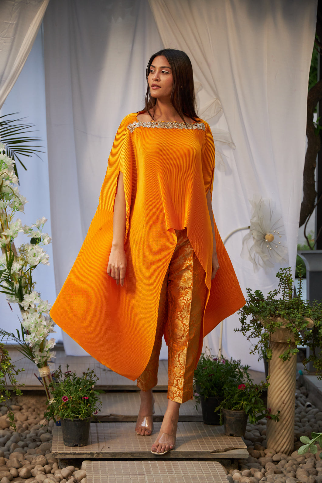 Divine Embroidered Cape with Brocade Pants - Yellow