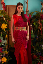 Load image into Gallery viewer, Classy Pleated Colorblock Gown Saree with Belt - Chilli Red Gown with Magenta Drape