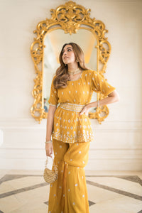 Dainty mademoiselle embellished sharara set- Ochre