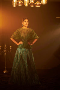 Bedazzling Shimmer Ghagra with Organza Ruffle Blouse and Belt - Green & Gold