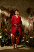 Load image into Gallery viewer, Elegant Pleated &amp; Brocade Tunic Set- Vermillon Red