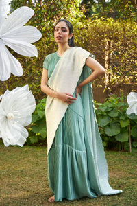 Idylic Adorned Gown Saree With Umbrous Palla - Mint Green