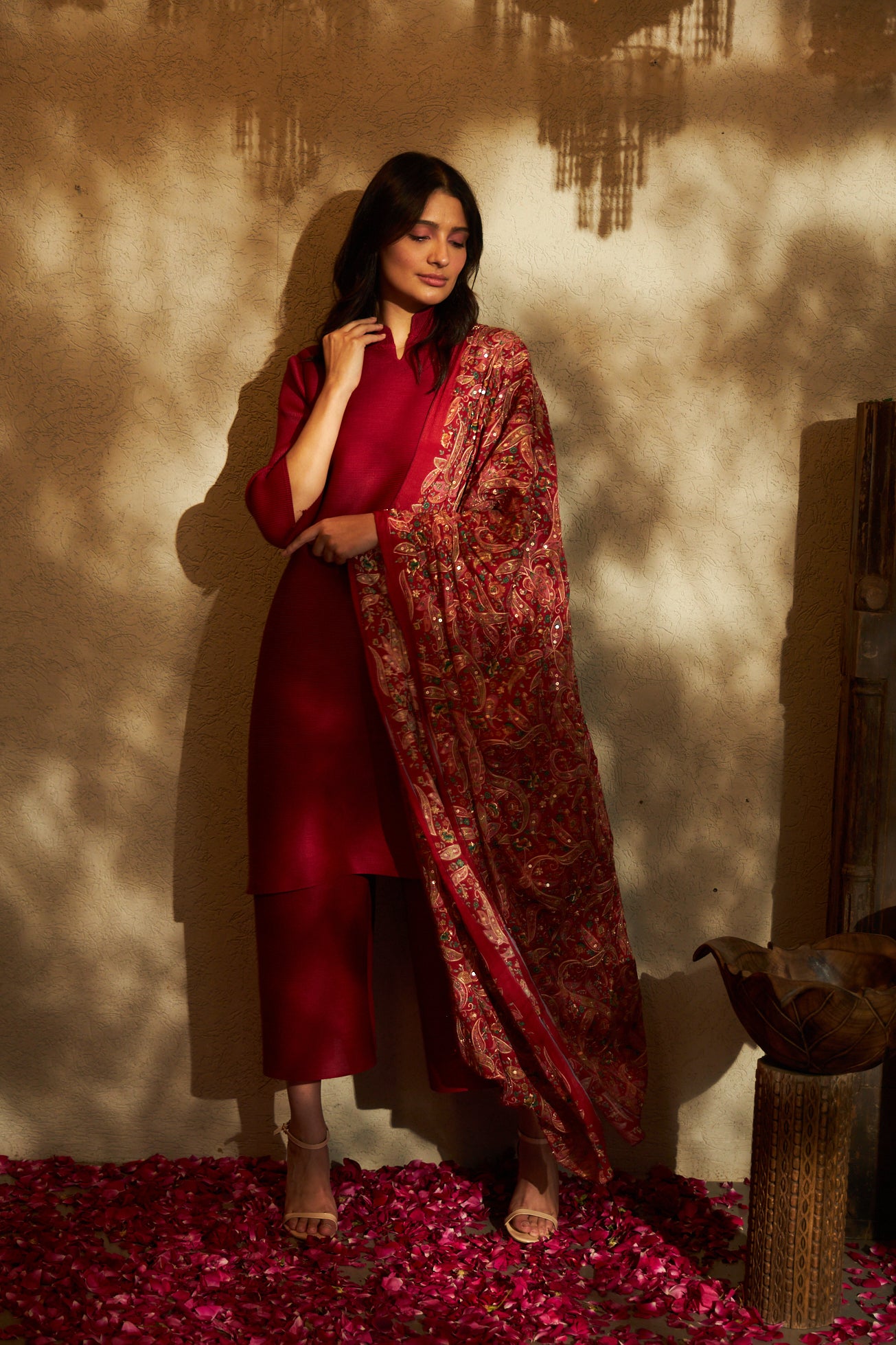 Myra Mandrine Kurta with Culotte Pants- Red