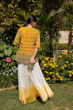 Load image into Gallery viewer, Isabella embroidered pleated peplum top with ombre organza sharara and Isa belt- Ochre