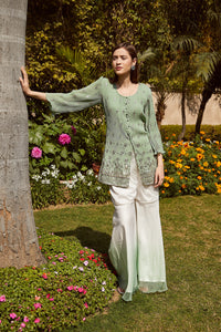 Dainty Diana embellished tunic with ombre organza sharara and dia belt- Mint
