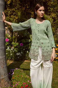 Dainty Diana embellished tunic with ombre organza sharara and dia belt- Mint