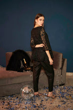 Load image into Gallery viewer, Fragrant Floral Peplum Sequence Top with Pants- Black