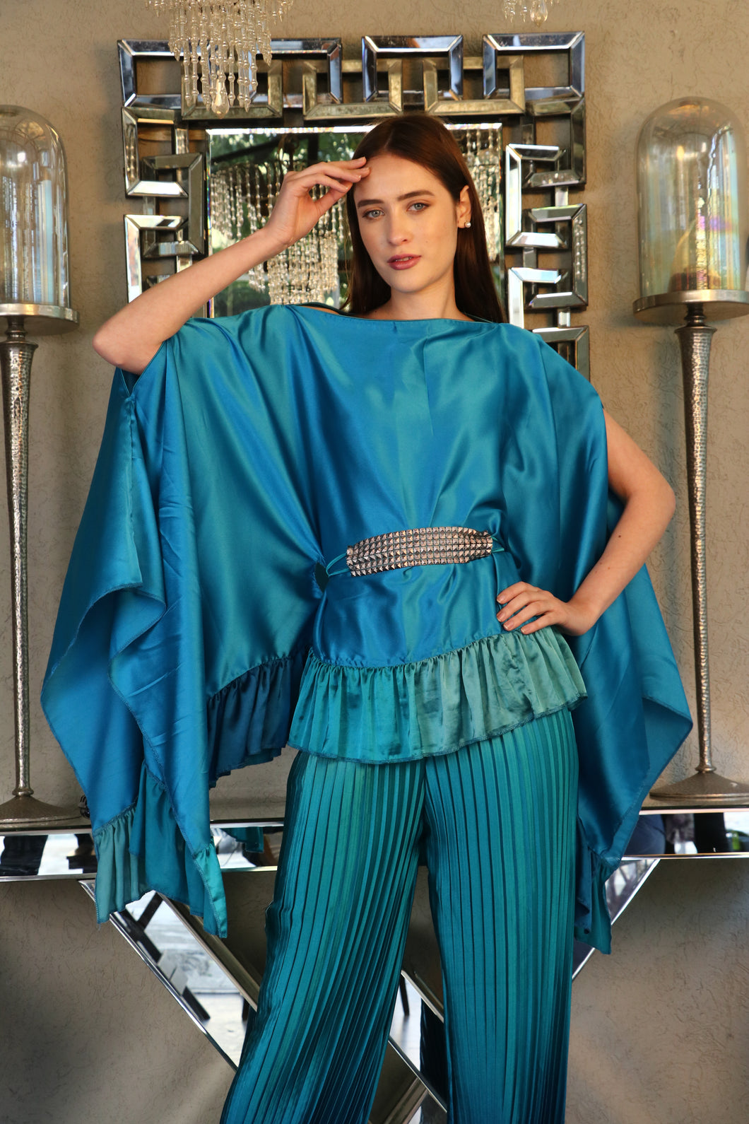 Siciley Satin Ruffle Cape - Tiffany Blue