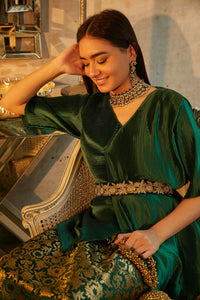 Nora Asymmetrical Top with Brocade Ghagra and Velvet Zardozi Belt - Green