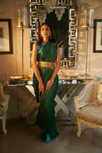 Load image into Gallery viewer, Classy Pleated Colour Block Gown Saree With Belt - Teal &amp; Green