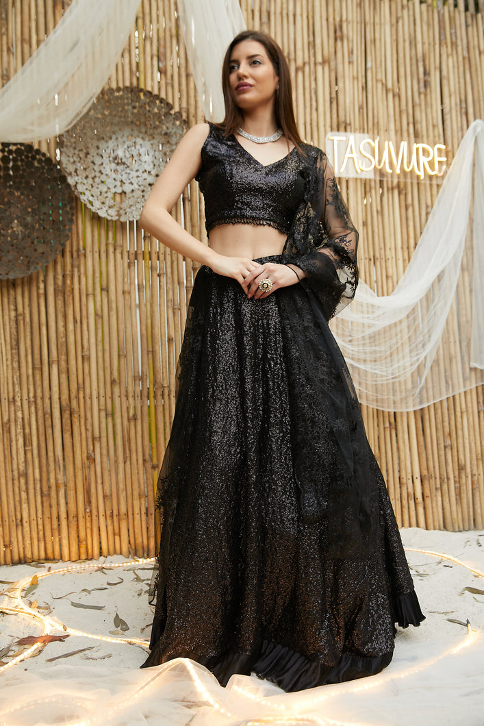 Bedazzling Sequence Ghagra with Sequence Blouse and Belt - Jade Black