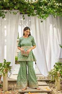 Dainty Mademoiselle Embellished Sharara Set - Mint Green