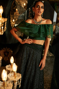 Bedazzling Sequence Ghagra with Organza Ruffle Blouse and Belt - Emerald Green