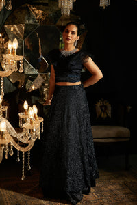 Bedazzling Sequence Ghagra with Organza Ruffle Blouse and Belt - Midnight Blue
