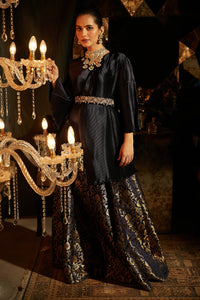 Nora Asymmetrical Top with Brocade Ghagra and Velvet Zardozi Belt - Midnight Blue