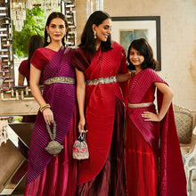 Load image into Gallery viewer, Classy Pleated Colourblock Gown Saree - Chilli Red &amp; Magenta