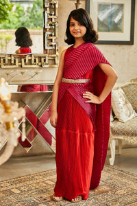 Classy Pleated Colourblock Gown Saree - Chilli Red & Magenta